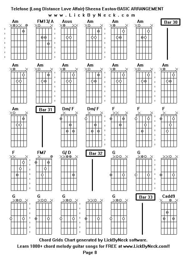 Chord Grids Chart of chord melody fingerstyle guitar song-Telefone (Long Distance Love Affair)-Sheena Easton-BASIC ARRANGEMENT,generated by LickByNeck software.